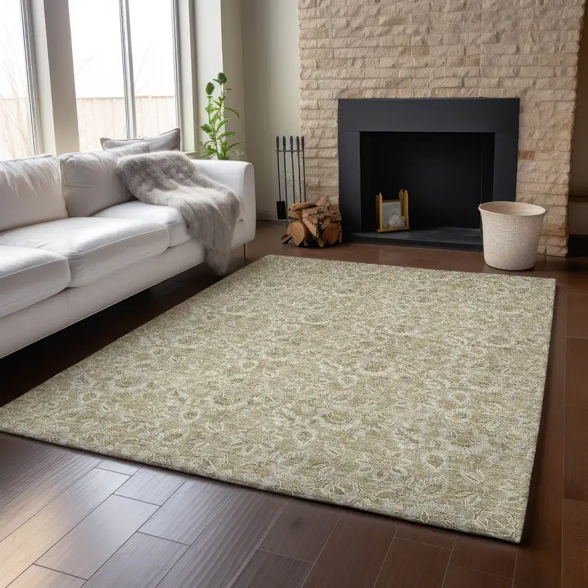 Beige And Taupe Floral Washable Area Rug With UV Protection Photo 5