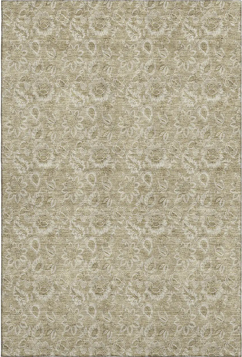 Beige And Taupe Floral Washable Area Rug With UV Protection Photo 1