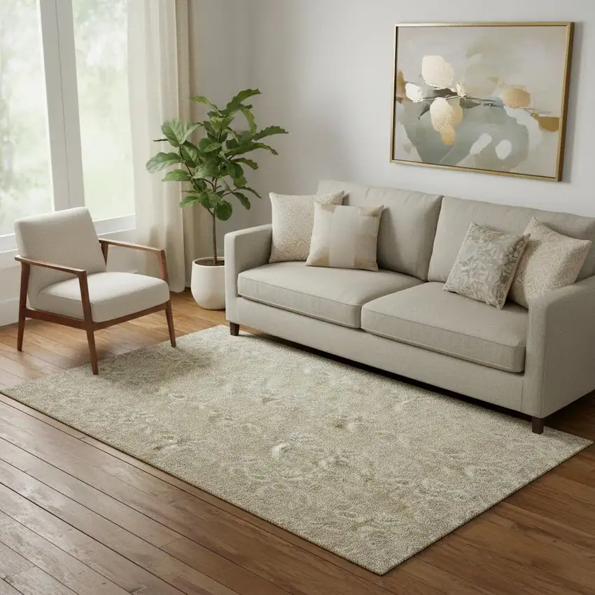 Beige And Taupe Floral Washable Area Rug With UV Protection Photo 2