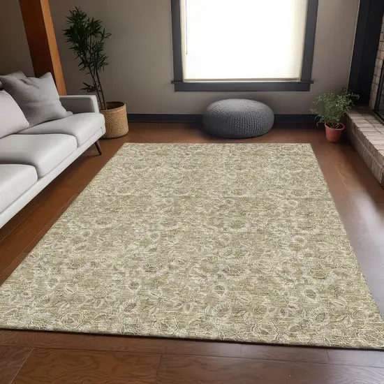 Beige And Taupe Floral Washable Area Rug With UV Protection Photo 3