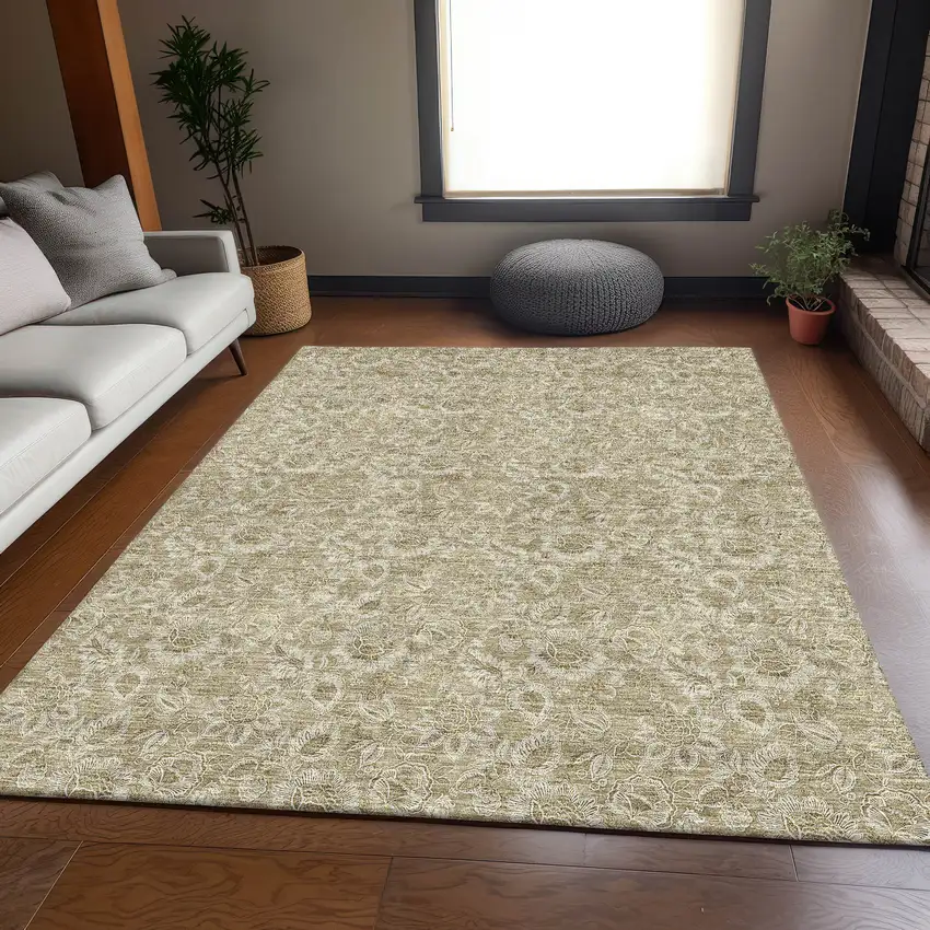 Beige And Taupe Floral Washable Area Rug With UV Protection Photo 3