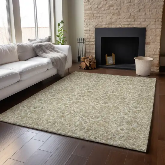 Beige And Taupe Floral Washable Area Rug With UV Protection Photo 4