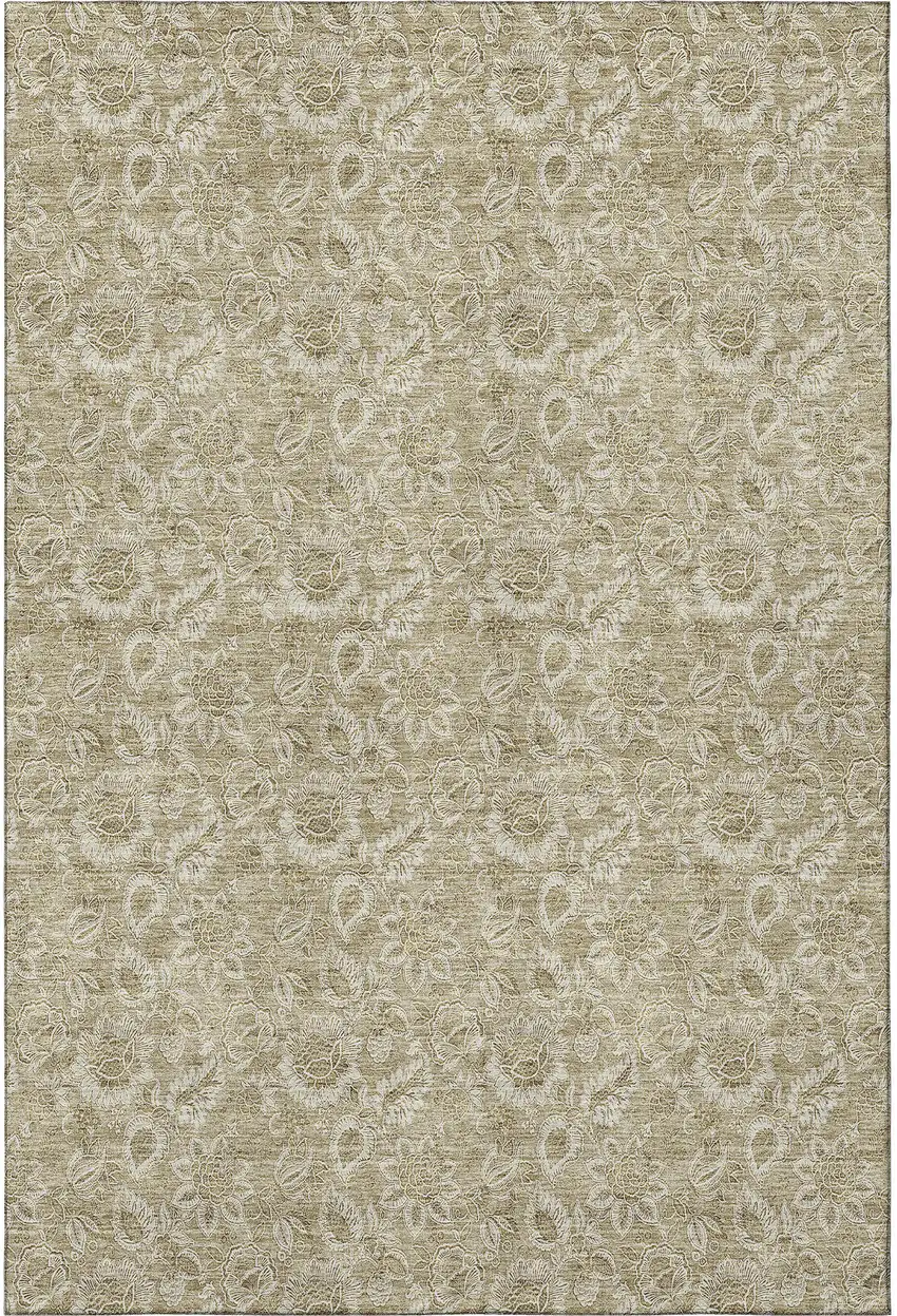 Beige And Taupe Floral Washable Area Rug With UV Protection Photo 2