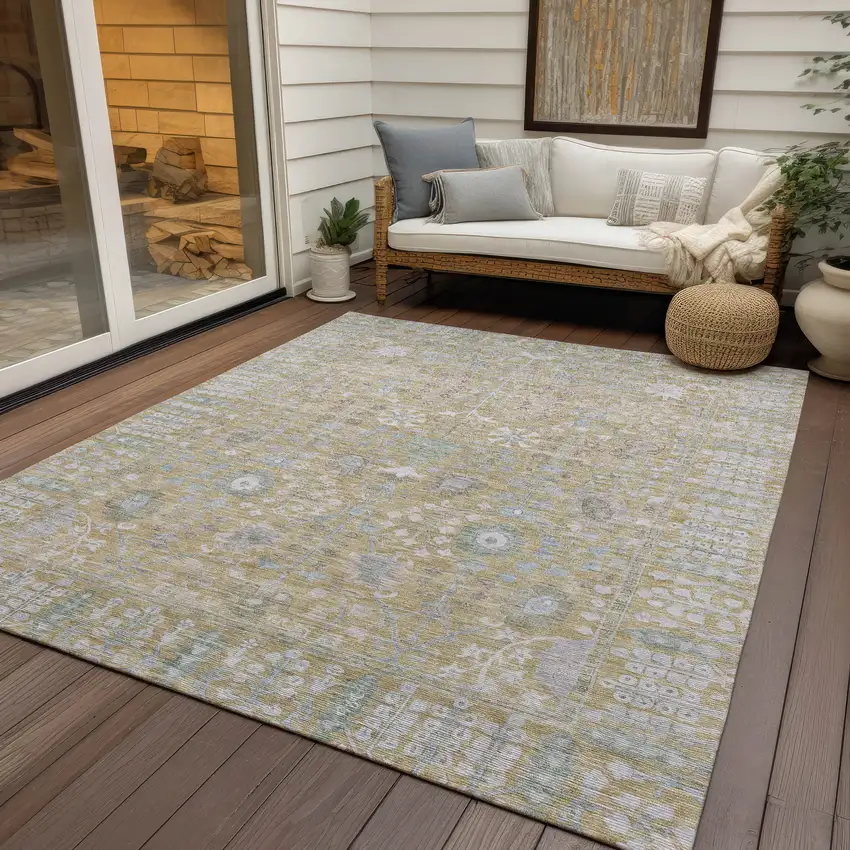 Beige And Taupe Floral Washable Indoor Outdoor Area Rug Photo 9