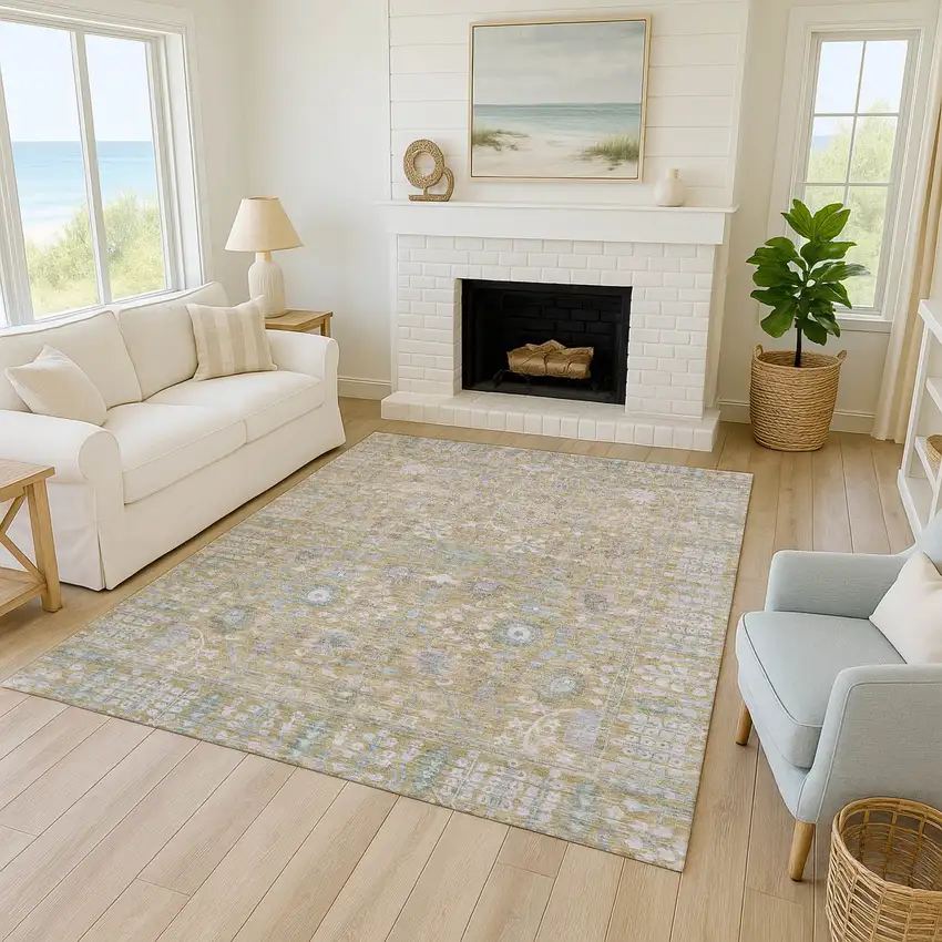 Beige And Taupe Floral Washable Indoor Outdoor Area Rug Photo 8