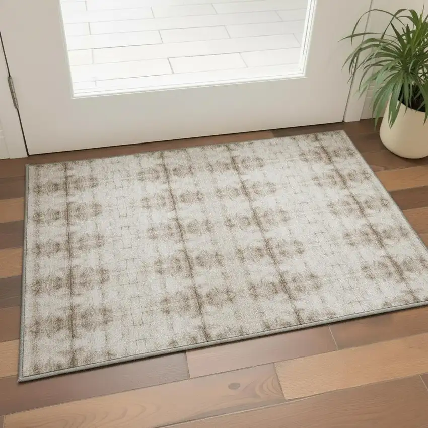 Beige And Taupe Geometric Washable Area Rug With UV Protection Photo 2