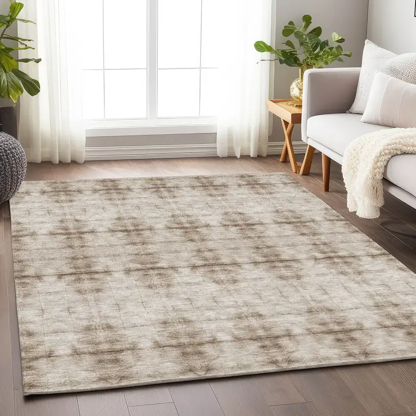 Beige And Taupe Geometric Washable Area Rug With UV Protection Photo 6