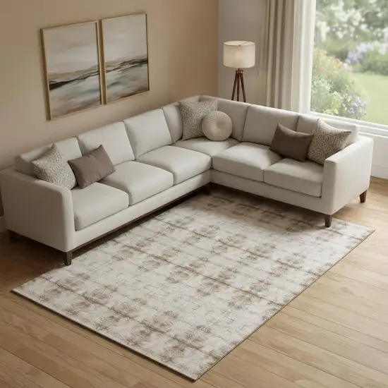 Beige And Taupe Geometric Washable Area Rug With UV Protection Photo 1