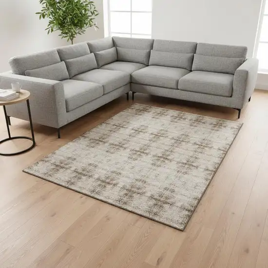 Beige And Taupe Geometric Washable Area Rug With UV Protection Photo 2