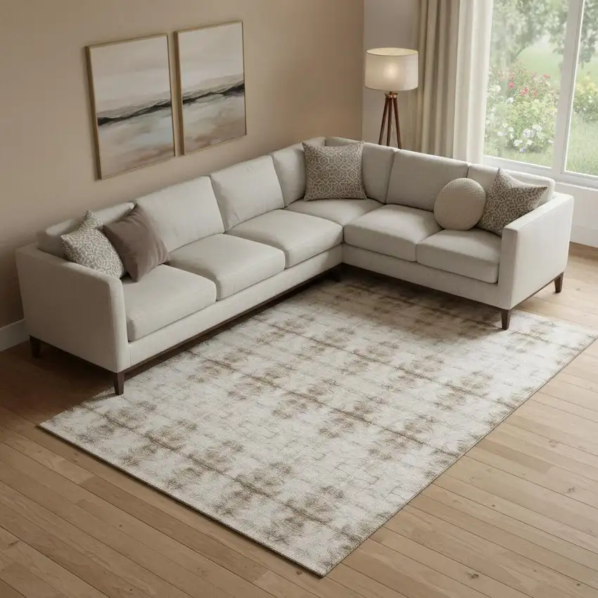 Beige And Taupe Geometric Washable Area Rug With UV Protection Photo 1