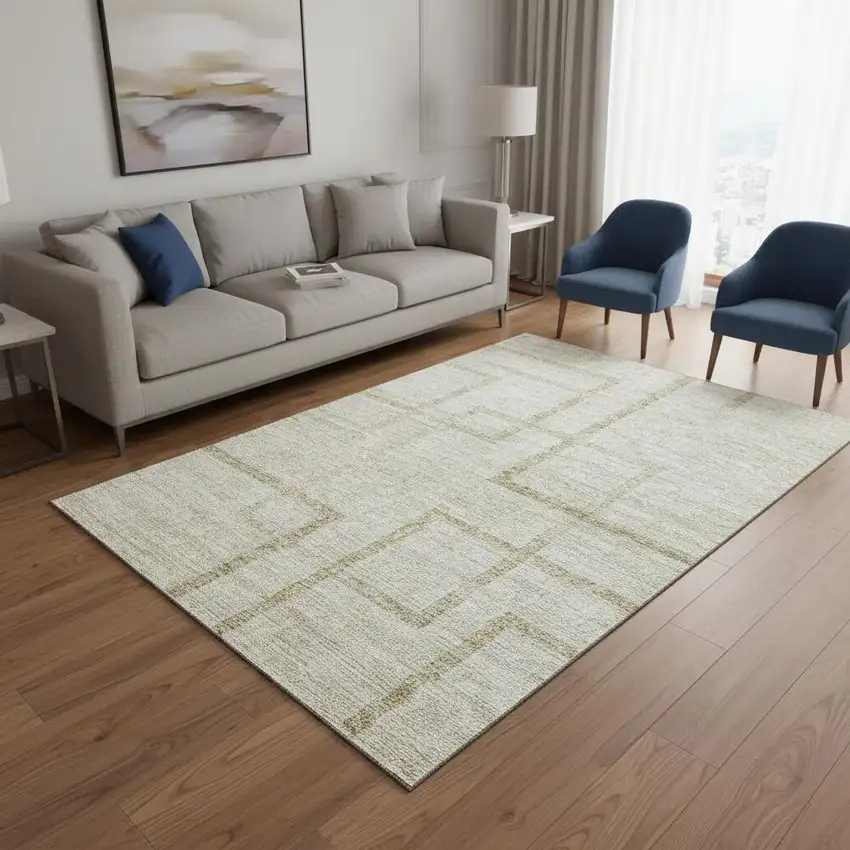 Beige And Taupe Geometric Washable Area Rug With UV Protection Photo 2
