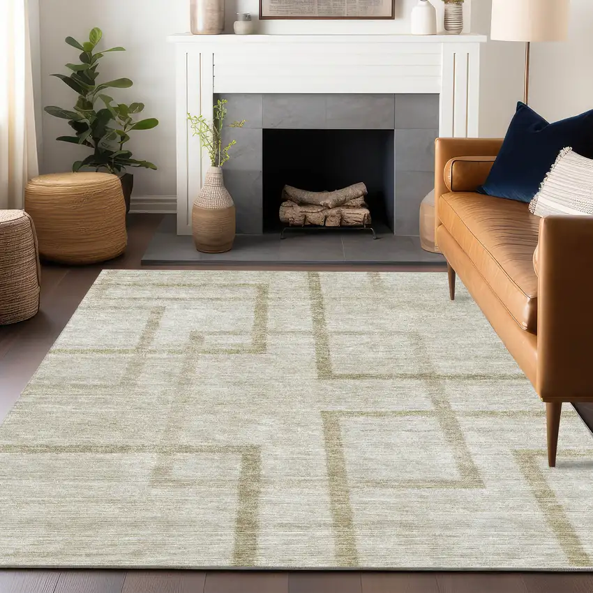 Beige And Taupe Geometric Washable Area Rug With UV Protection Photo 6