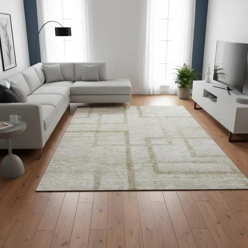 Beige And Taupe Geometric Washable Area Rug With UV Protection Photo 2