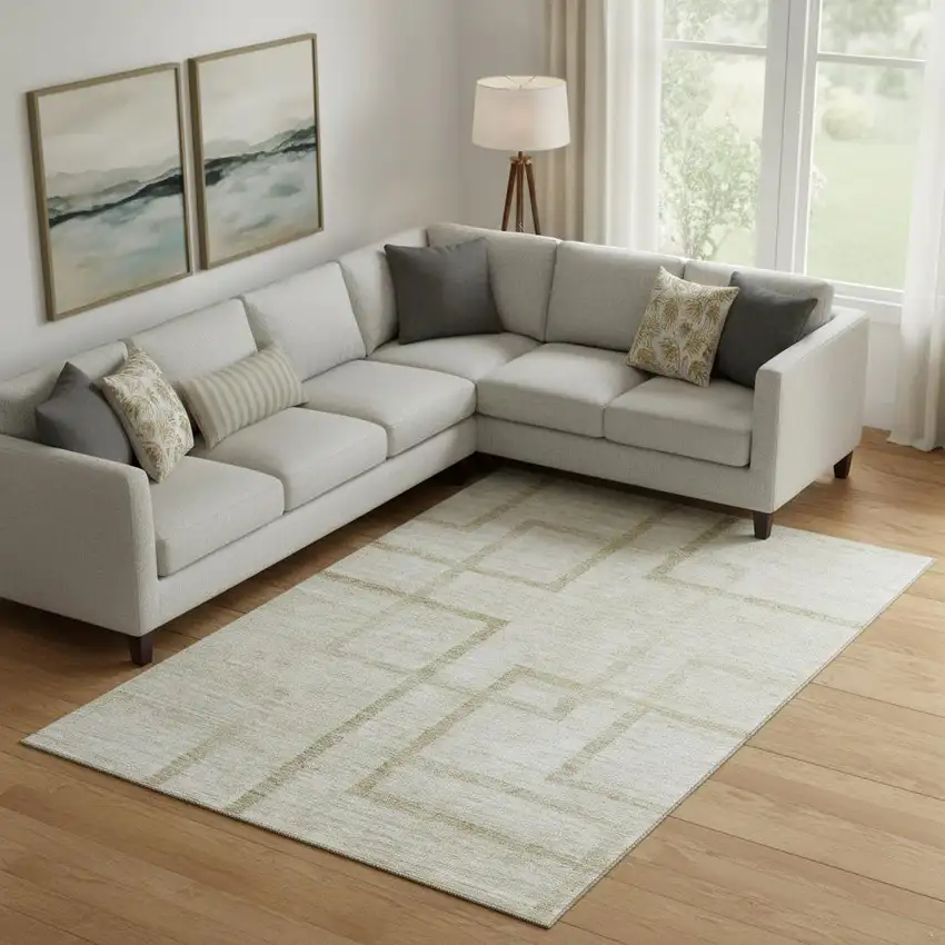 Beige And Taupe Geometric Washable Area Rug With UV Protection Photo 1