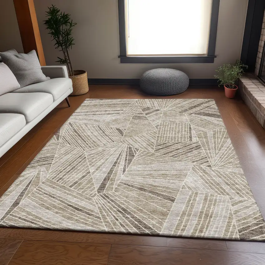 Beige And Taupe Geometric Washable Area Rug With UV Protection Photo 4