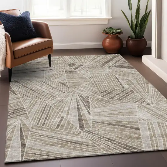 Beige And Taupe Geometric Washable Area Rug With UV Protection Photo 3