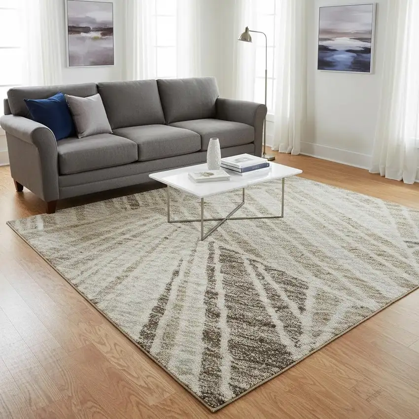 Beige And Taupe Geometric Washable Area Rug With UV Protection Photo 2