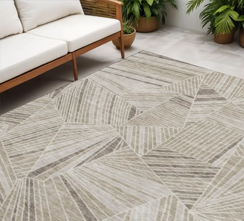 Beige And Taupe Geometric Washable Area Rug With UV Protection Photo 1