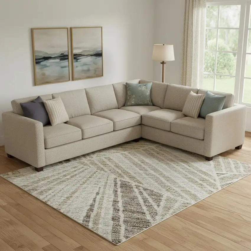 Beige And Taupe Geometric Washable Area Rug With UV Protection Photo 1