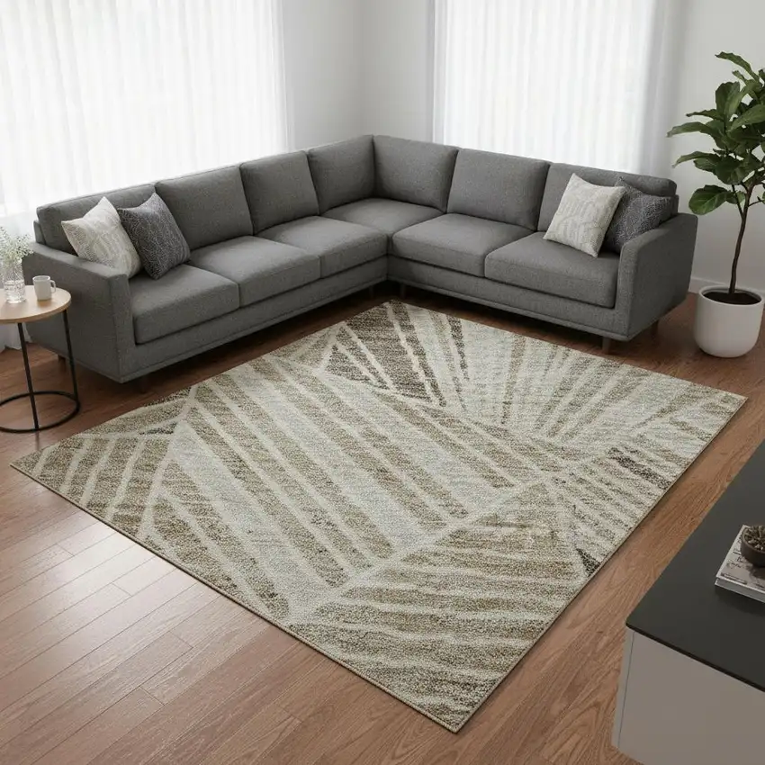 Beige And Taupe Geometric Washable Area Rug With UV Protection Photo 2