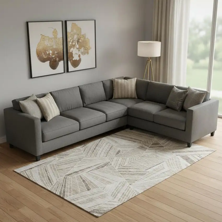 Beige And Taupe Geometric Washable Area Rug With UV Protection Photo 1