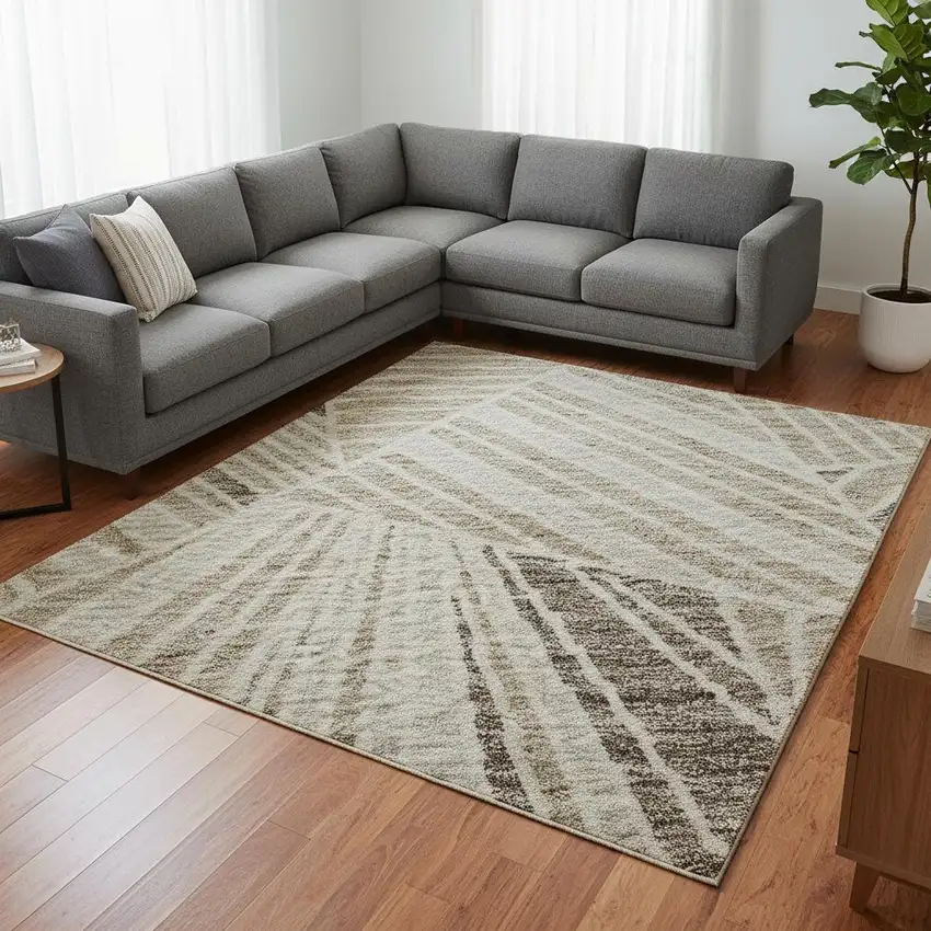 Beige And Taupe Geometric Washable Area Rug With UV Protection Photo 2