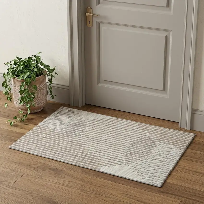 Beige And Taupe Geometric Washable Area Rug With UV Protection Photo 1