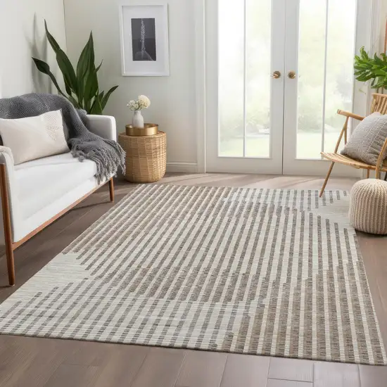 Beige And Taupe Geometric Washable Area Rug With UV Protection Photo 5