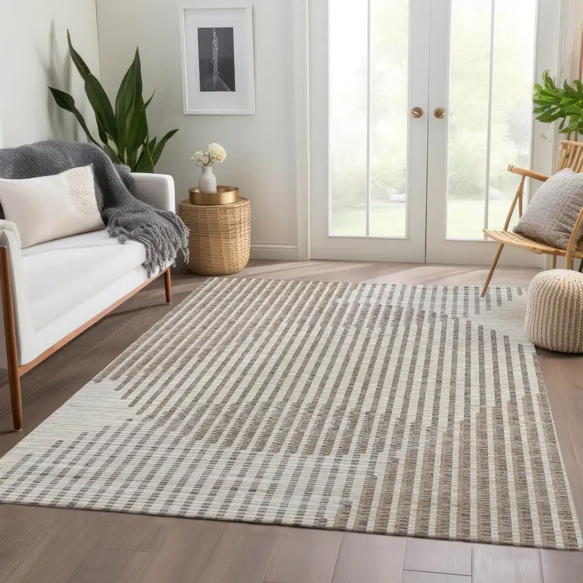 Beige And Taupe Geometric Washable Area Rug With UV Protection Photo 5