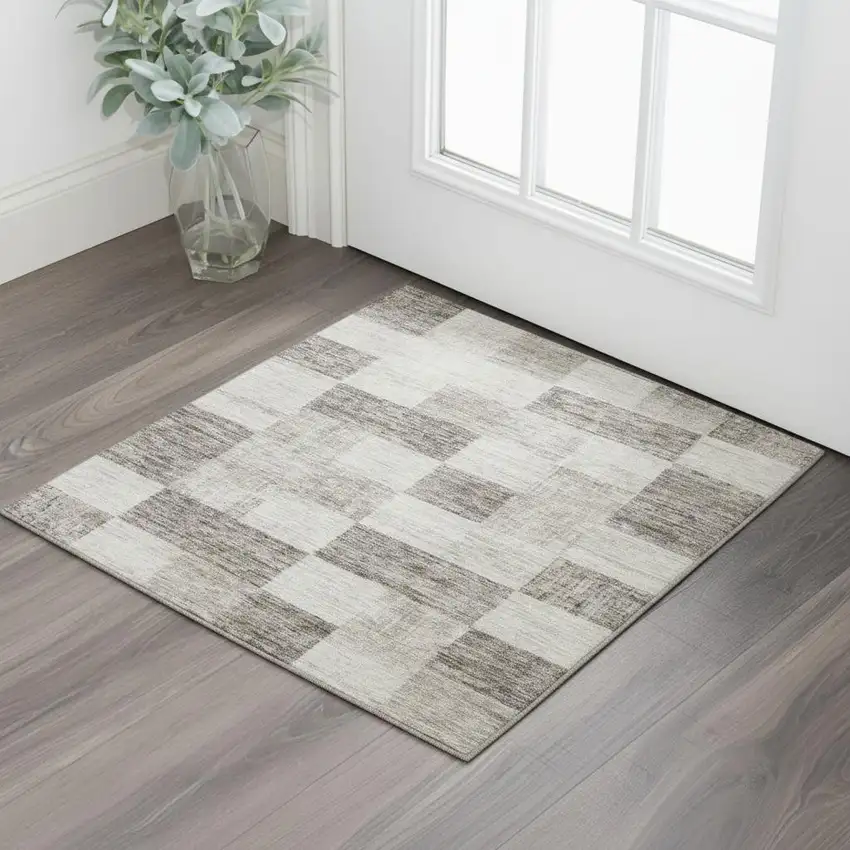 Beige And Taupe Geometric Washable Area Rug With UV Protection Photo 2