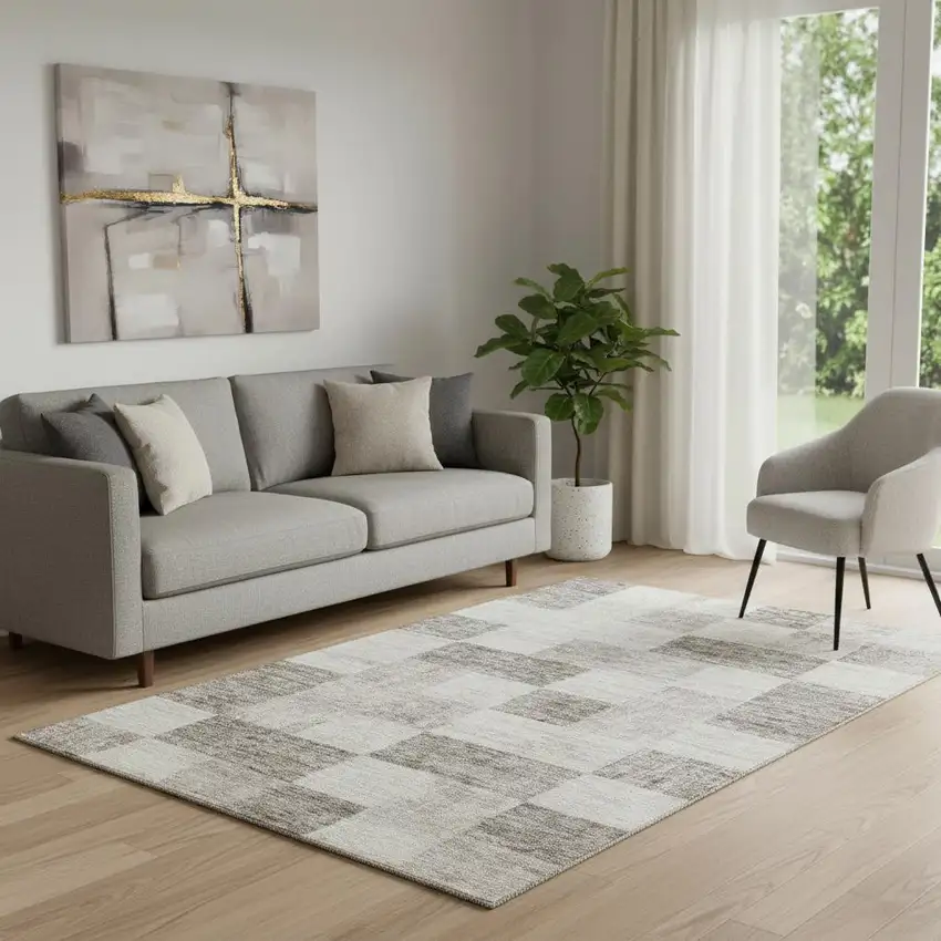 Beige And Taupe Geometric Washable Area Rug With UV Protection Photo 2