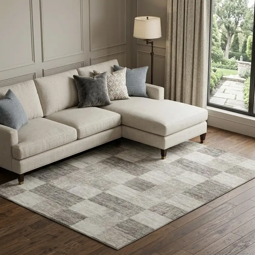 Beige And Taupe Geometric Washable Area Rug With UV Protection Photo 1