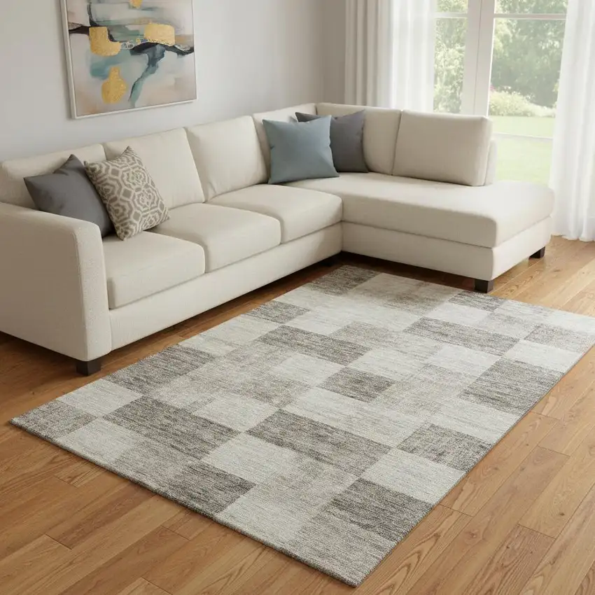 Beige And Taupe Geometric Washable Area Rug With UV Protection Photo 2