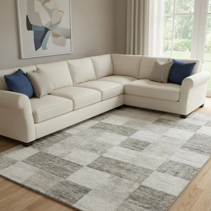 Beige And Taupe Geometric Washable Area Rug With UV Protection Photo 2