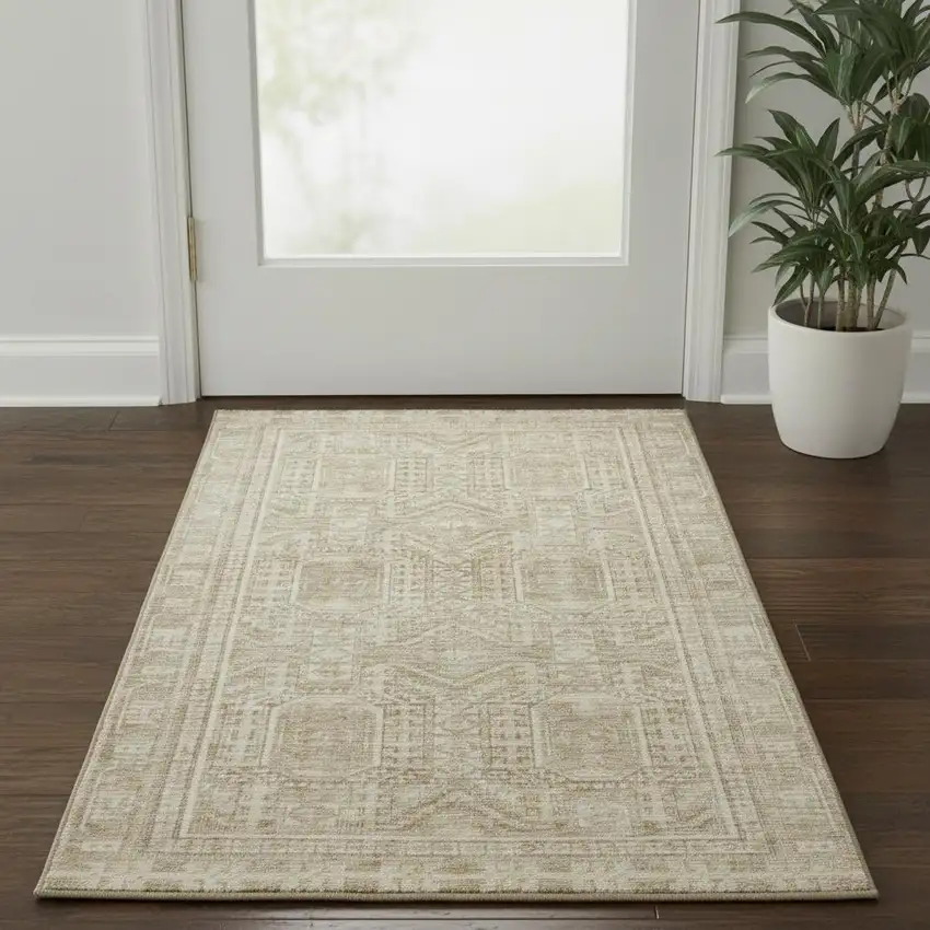 Beige And Taupe Geometric Washable Area Rug With UV Protection Photo 2