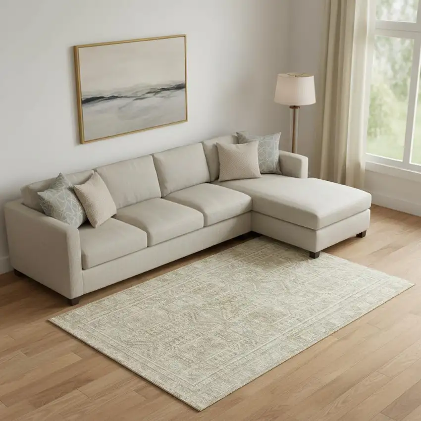 Beige And Taupe Geometric Washable Area Rug With UV Protection Photo 2