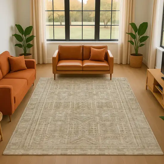 Beige And Taupe Geometric Washable Area Rug With UV Protection Photo 5