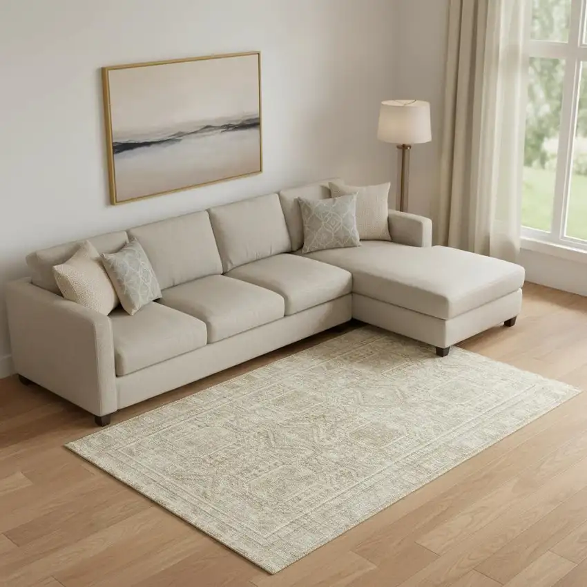 Beige And Taupe Geometric Washable Area Rug With UV Protection Photo 2