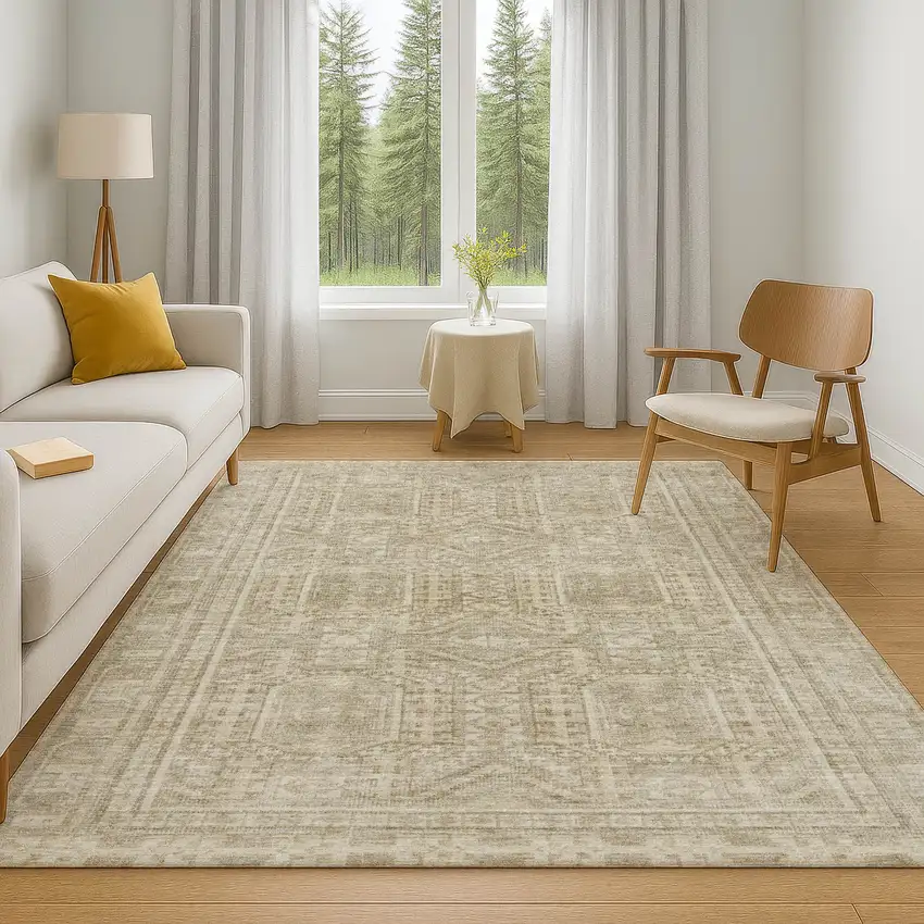 Beige And Taupe Geometric Washable Area Rug With UV Protection Photo 5