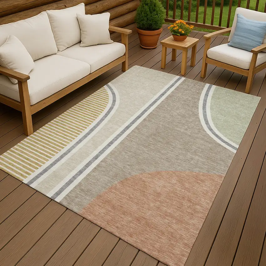 Beige And Taupe Geometric Washable Indoor Outdoor Area Rug Photo 7