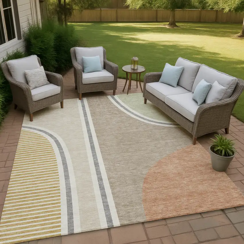 Beige And Taupe Geometric Washable Indoor Outdoor Area Rug Photo 4