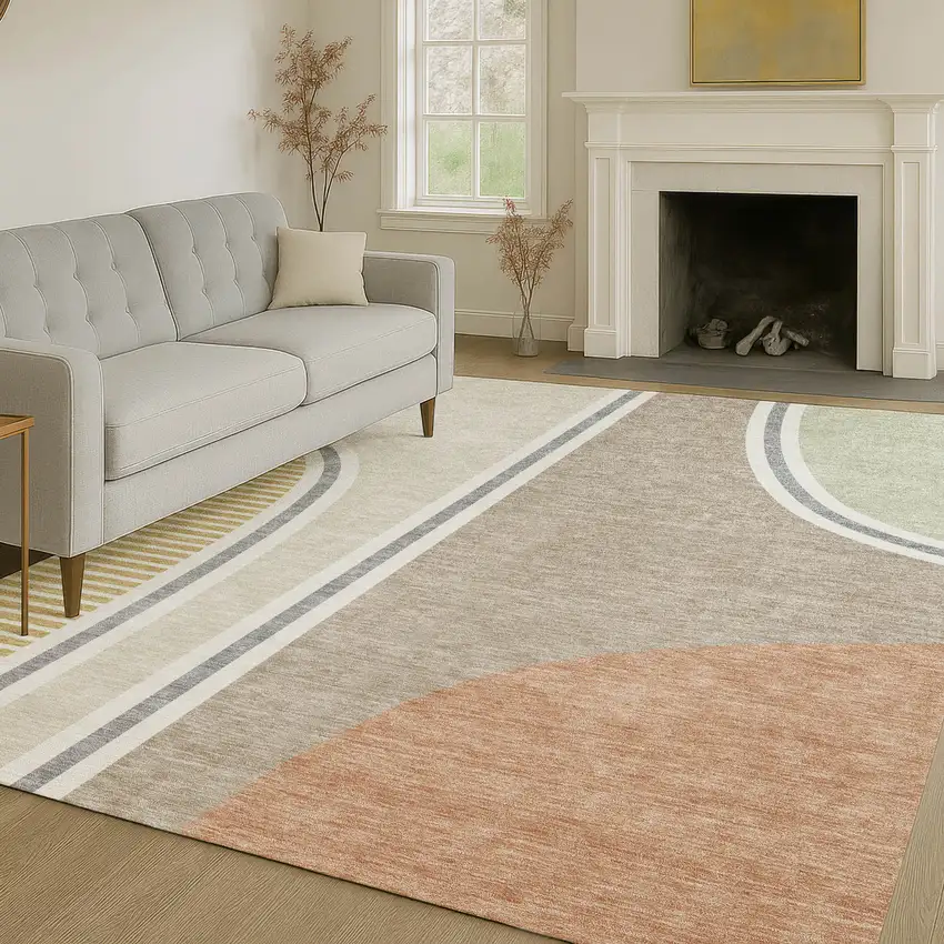 Beige And Taupe Geometric Washable Indoor Outdoor Area Rug Photo 6