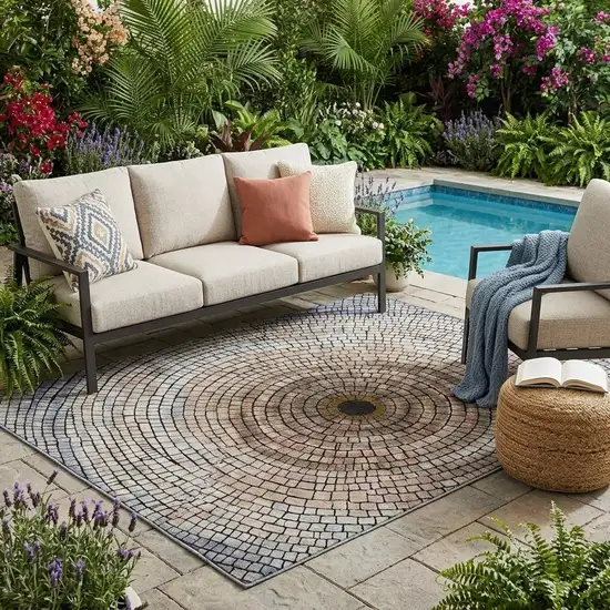 Beige And Taupe Geometric Washable Indoor Outdoor Area Rug Photo 1