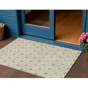 Photo of Beige And Taupe Geometric Washable Indoor Outdoor Area Rug