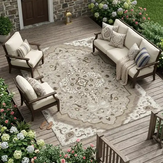 Beige And Taupe Medallion Washable Indoor Outdoor Area Rug Photo 1
