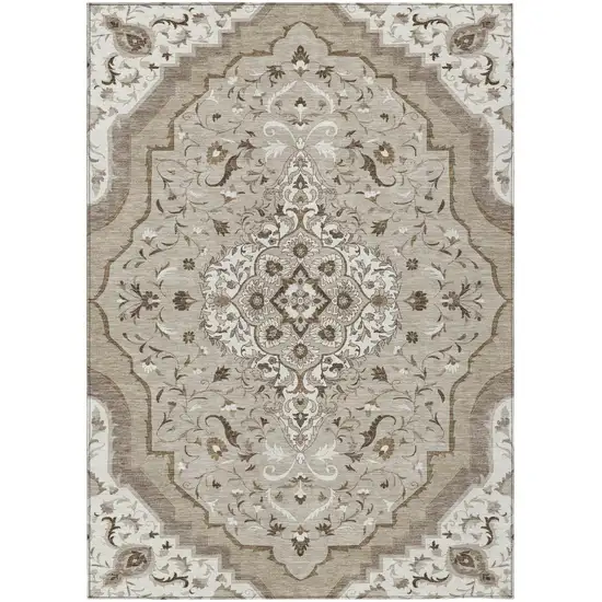 Beige And Taupe Medallion Washable Indoor Outdoor Area Rug Photo 2