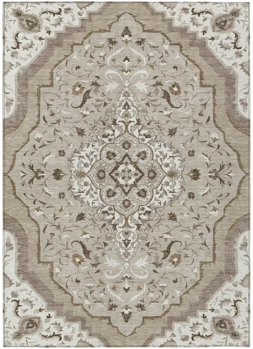 Beige And Taupe Medallion Washable Indoor Outdoor Area Rug Photo 2