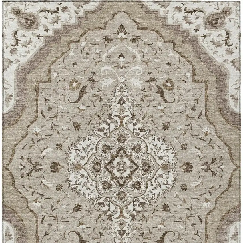 Beige And Taupe Medallion Washable Indoor Outdoor Area Rug Photo 4