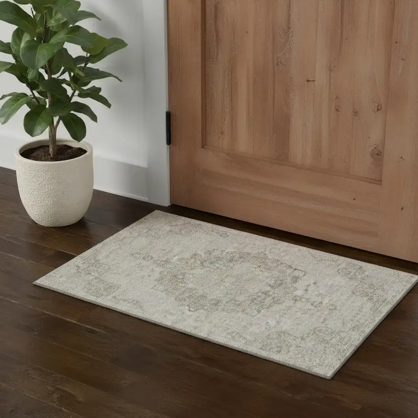 Beige And Taupe Oriental Washable Area Rug With UV Protection Photo 1