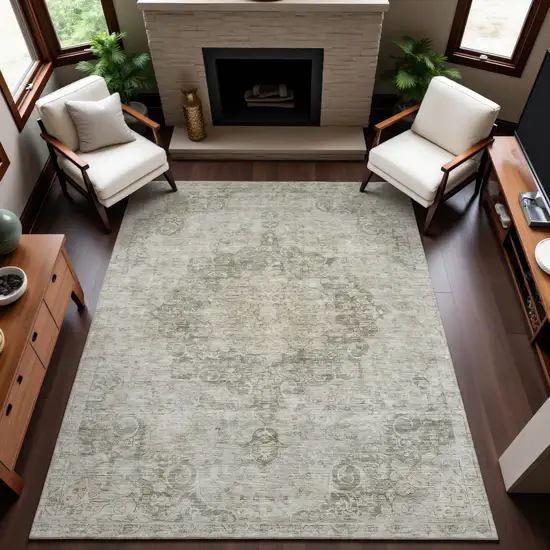 Beige And Taupe Oriental Washable Area Rug With UV Protection Photo 4